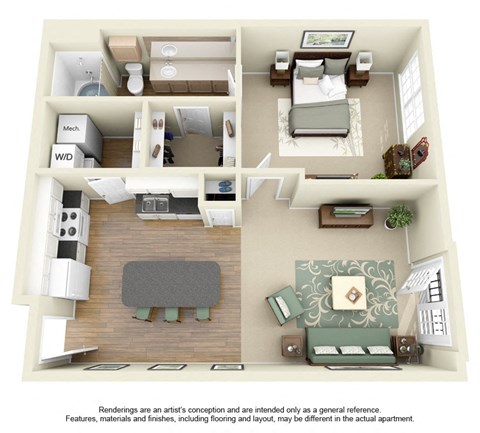 Floor plan for 1 bed, 1 bath, 691 sqft